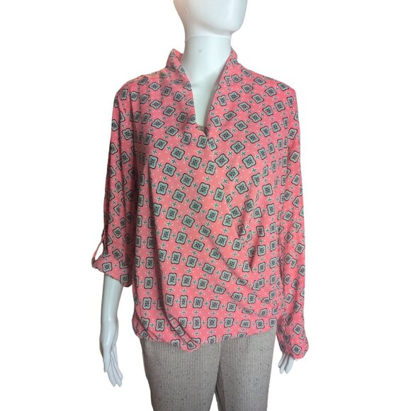 Pleione Pink & Black Geometric Print Sz M Wrap Style Blouse -Roll-tab Sleeves - Picture 4 of 10